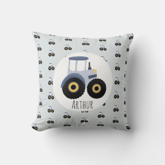 Coussin Boy's Cute Blue Farm Tracteur Motif et nom Enfants (Recto)