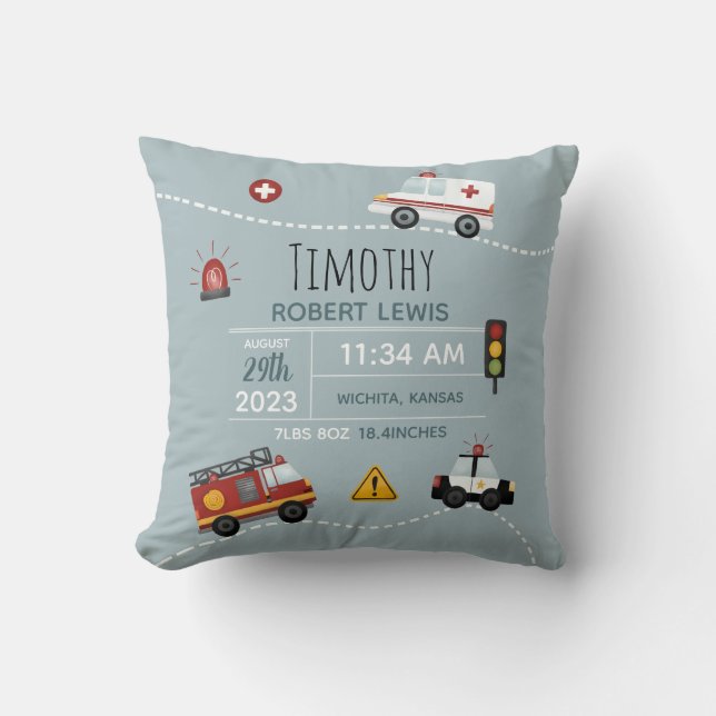 Coussin Boys Cute Blue Transport Birth Stats & Nom (Recto)