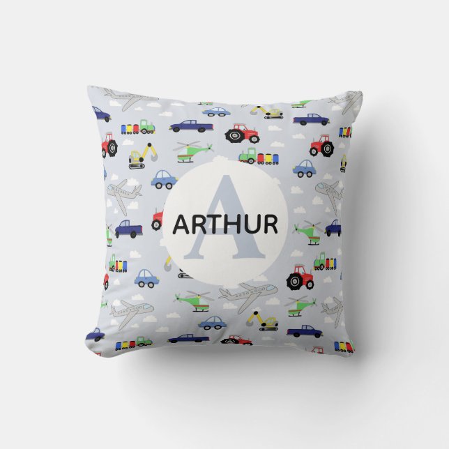 Coussin Boys Cute Car Truck Tracteur Avion et nom Enfants (Recto)
