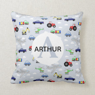 Coussin Boys Cute Car Truck Tracteur Avion et nom Enfants