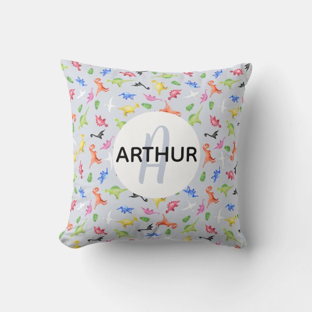 Coussin Boys Watercolor Dinosaur Monogramme et nom Enfants (Recto)