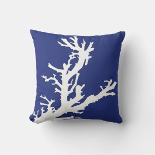 Coussin Branche corail - bleu marine et blanc