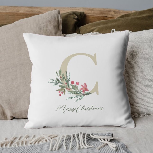 Coussin Branche de baie rustique initiale Noël (Créateur téléchargé)