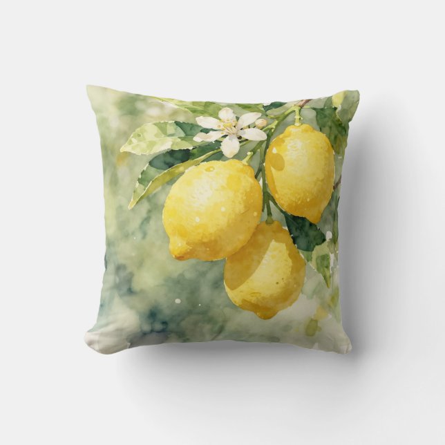 Coussin Branche de citron à l'aquarelle Botanique Été (Recto)