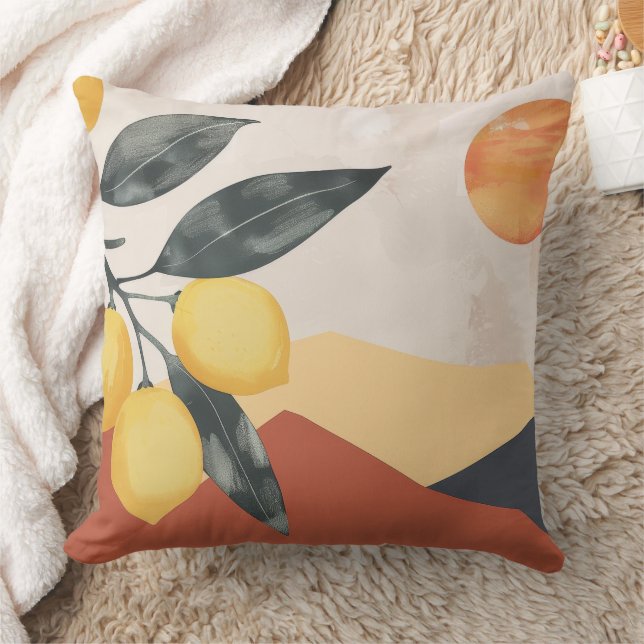 Coussin Branche de citron bohème avec soleil abstrait mini (Couverture)