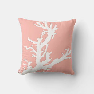Coussin Branche de corail - blanc sur corail rose