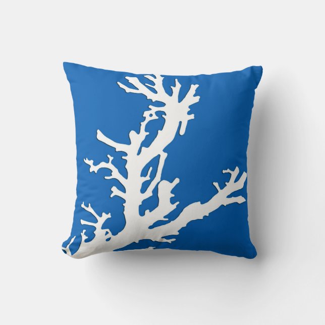 Coussin Branche de corail - blanc sur le bleu de cobalt (Recto)