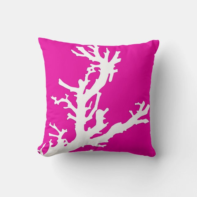 Coussin Branche de corail - blanc sur le rose fuchsia (Recto)