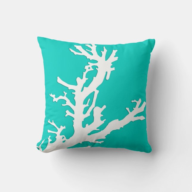 Coussin Branche de corail - blanc sur turquoise (Recto)