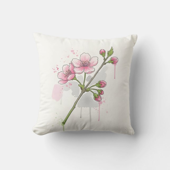 Coussin Branche de fleurs de cerisier à l'aquarelle modern (Recto)
