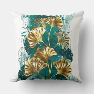 Coussin Branche de Ginko Biloba aux feuilles dorées