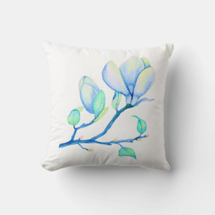 Coussin Branche de Magnolia Aquarelle Bleu Vert Botanique