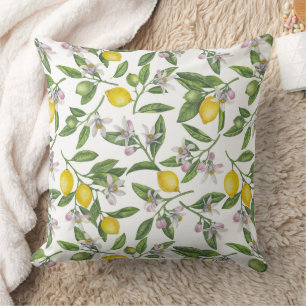 Coussin Branches de citron avec fleurs et fruits sur blanc