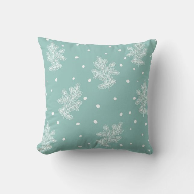 Coussin Branches de pin et flocons de neige Turquoise et b (Recto)