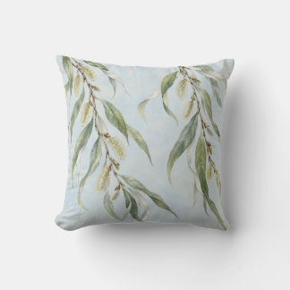 Coussin Branches de Saule Brume Bleue Aquarelle Botanique