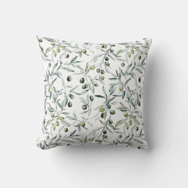 Coussin Branches d'olivier à l'aquarelle motif vert neutre (Recto)
