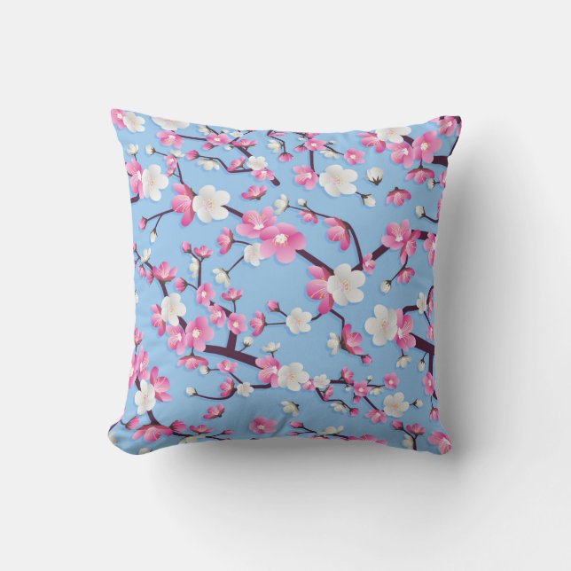 Coussin Branches en fleurs roses sur Arrière - plan bleu c (Recto)