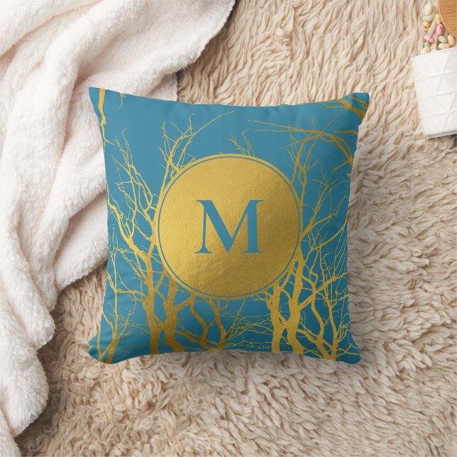 Coussin Branches Gold Tree Motif Monogramme bleu (Couverture)