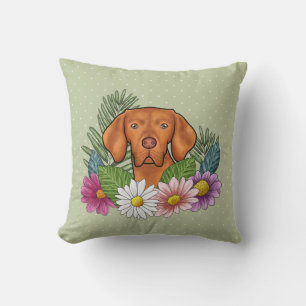 Coussin Braque hongrois et fleurs colorées d'été vertes