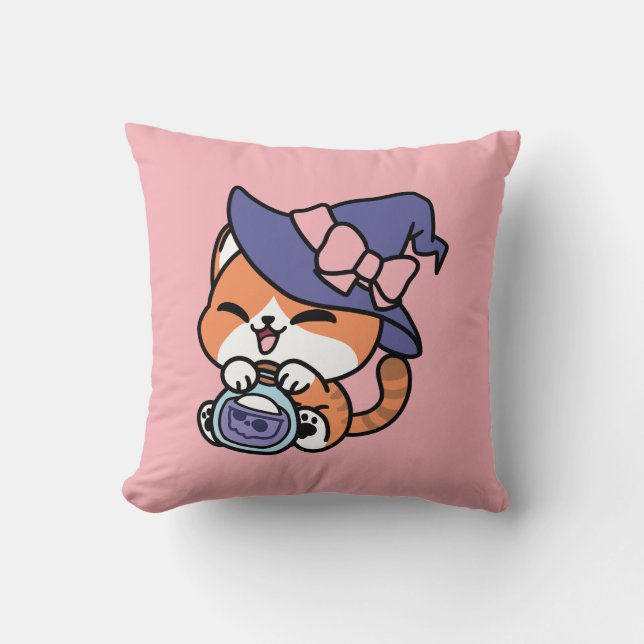 Coussin Brassage de Sorcière Tigrée – Joli Design de Chat  (Recto)