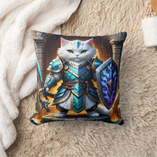 Coussin Brave Chat Warrior en Armure d'Imaginaire par Cast