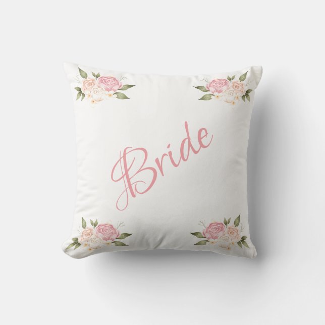 Coussin Bride rose floral Script chic Mariage aquarelle (Recto)