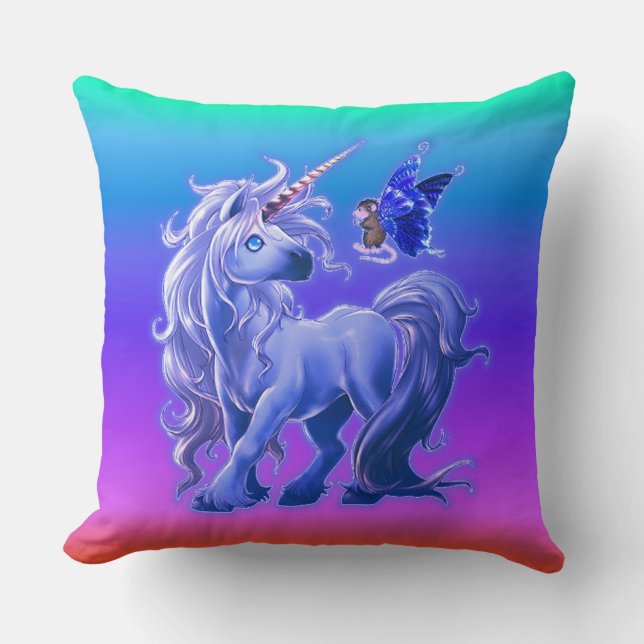 Coussin Bright Pastel Rainbow Blue Unicorn (Recto)
