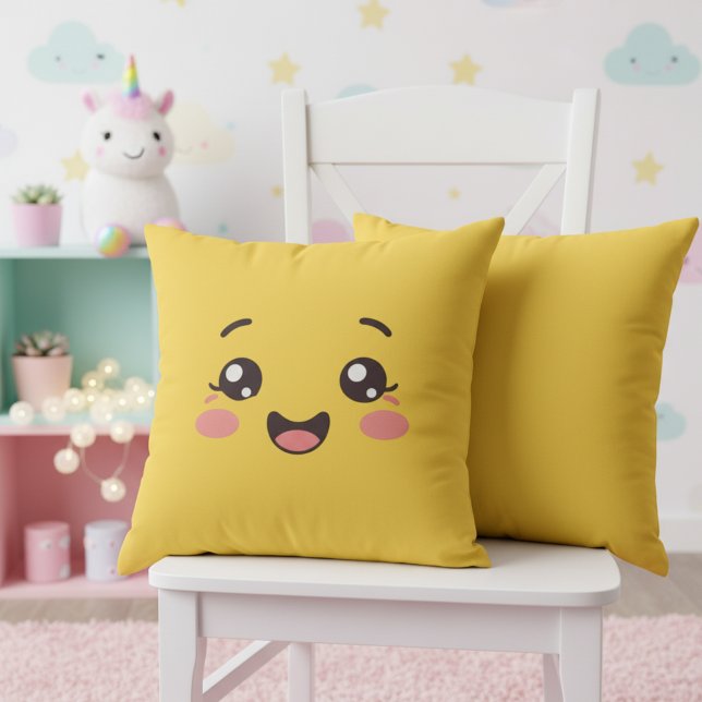 Coussin Bright Yellow Kawaii Smiling Face Throw Pillow (Bright yellow kawaii throw pillow for a nursery full of joy.)