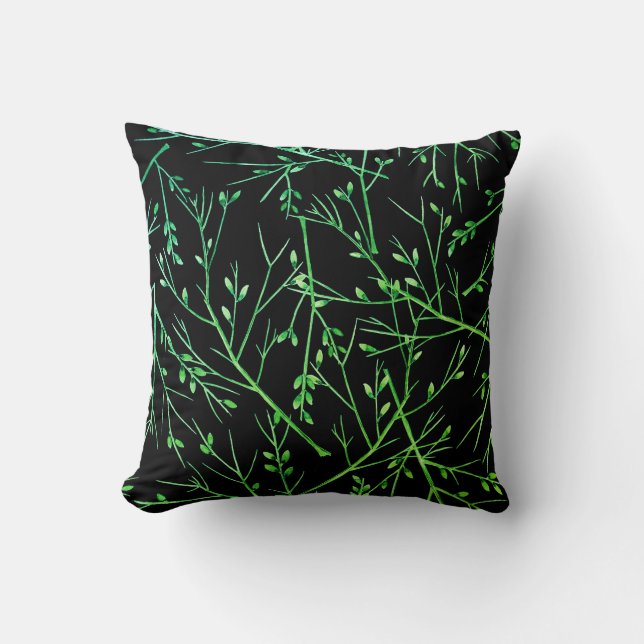 Coussin Brindilles vertes sur noir (Recto)