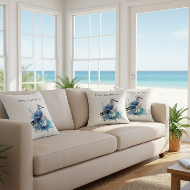 Coussin Brise Océanique : Goéland à l'aquarelle (Créateur téléchargé)