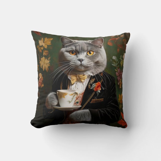 Coussin British Shorthair Cat en costume Boire du café (Recto)