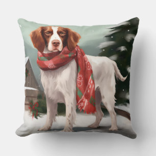 Coussin Brittany Spaniel Dog à Noël de neige