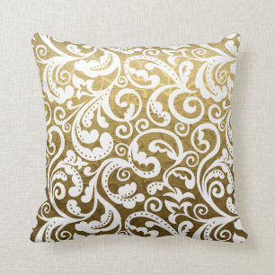 Coussin Brocade or, blanc damassé motif floral lancer