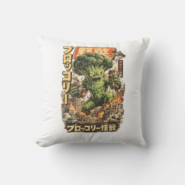 Coussin Broccoli Kaiju – Apocalypse Légumière (Recto)