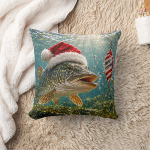 Coussin Brochet du Nord de Noël avec un chapeau de Père No