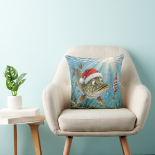 Coussin Brochet du Nord portant un chapeau de Père Noël