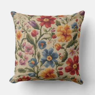 Coussin Broderie Ancienne Motif Floral Coloré