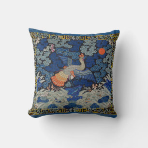 Coussin Broderie chinoise bleu d'oiseau Vintage