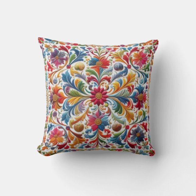Coussin Broderie Colorée de Motif Floral (Recto)