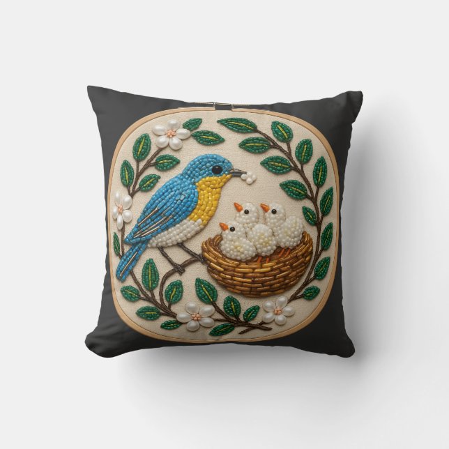 Coussin Broderie d'art de nid de merlebleu perlé (Recto)
