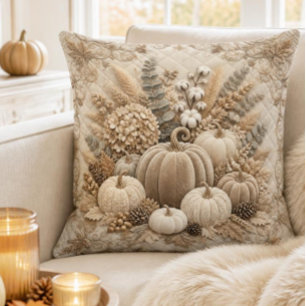 Coussin Broderie de citrouille de luxe neutre d'automne