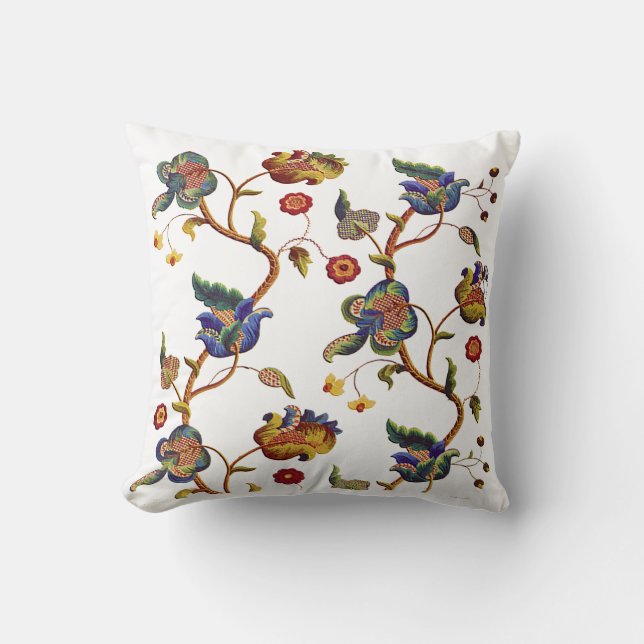 Coussin Broderie de fleurs bleues Faux Jacobean (Recto)
