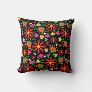 Coussin Broderie de fleurs mexicaines sur noir