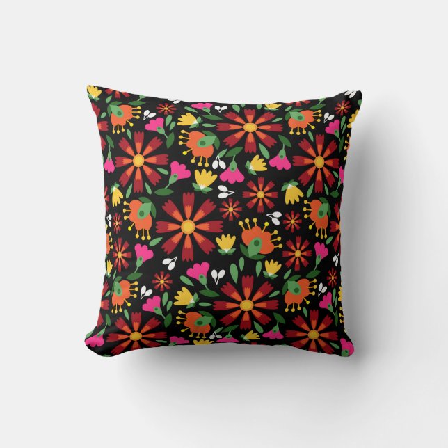 Coussin Broderie de fleurs mexicaines sur noir (Recto)