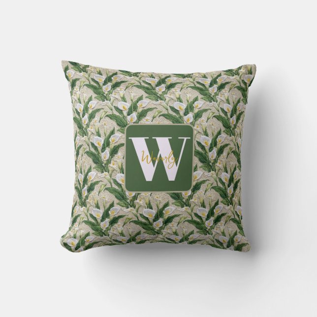 Coussin Broderie de lys calla blanc Monogramme floral (Recto)