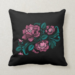 Coussin Broderie de style baroque rose Turquoise floral no