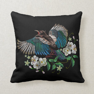 Coussin Broderie Design Magpie Oiseau Blanc Fleur Noir