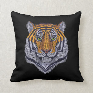 Coussin Broderie Design Tiger Tête Noir
