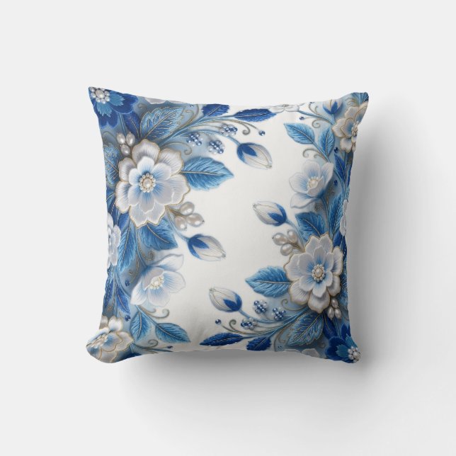 Coussin Broderie Florale 3D en Soie Bleue Faite à la Main (Recto)