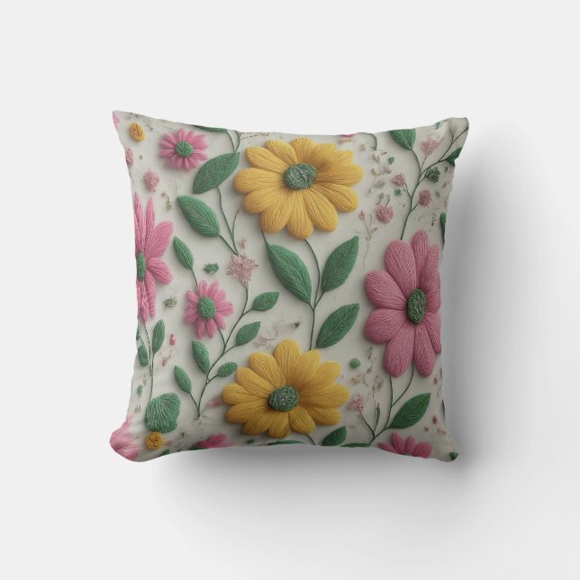 Coussin Broderie florale jaune et rose Élégance de la text (Recto)
